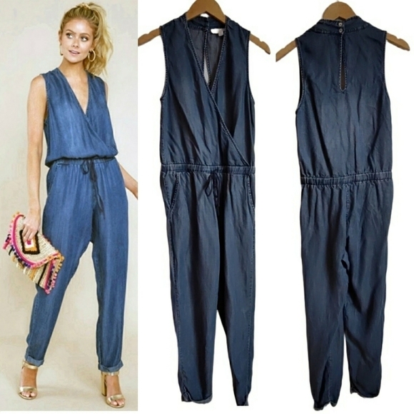 LOVESTITCH Chambray Denim Romper Sleeveless V-neck Crossover Small Blue Jean - Picture 2 of 12